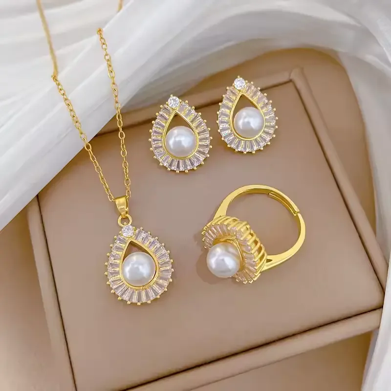 Court Style Gold Color Water Drop Zircon Pearl Jewelry Set for Women – Stainless Steel Necklace, Earrings & Ring Luxury Collection