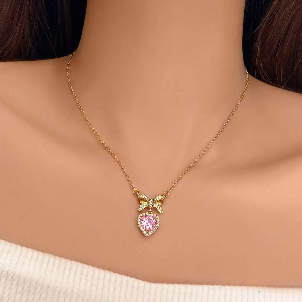 Cupid Arrow Heart Pink Necklace for Women – CZ Inlaid Light Luxury Pendant Clavicle Chain