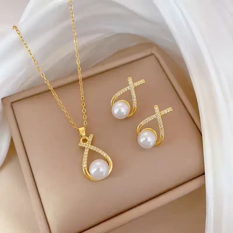 Gold Color Water Drop Pearl Jewelry Set for Women – Stainless Steel Necklace & Earrings (Classic Elegant Collection)
